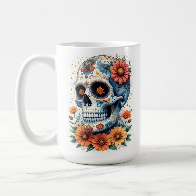 Taza De Café Elegante cráneo de azúcar con flores (Izquierda)