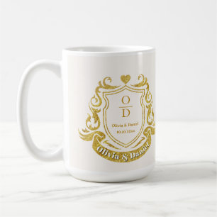 Taza De Café Elegante Cresta Dorada Personalizada Boda