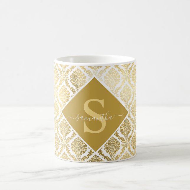 Taza De Café Elegante Damasco blanco y dorado personalizado (Centro)
