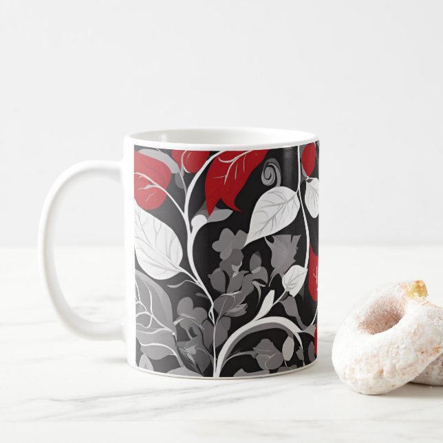 Taza De Café Elegante diseño de hojas rojas y negras (Con donut)