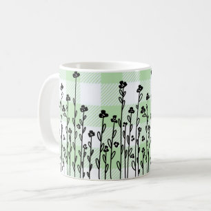 Taza De Café Elegante doodle blanco negro floral gingham verde