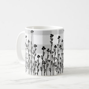Taza De Café Elegante doodle blanco negro gingán floral