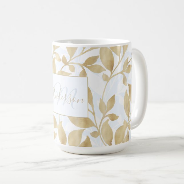 Taza De Café Elegante dorado blanco deja vegetación botánica (Anverso derecho)