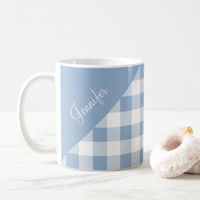 Taza De Café Elegante Dusty Blue Gingham Plaid Pattern Name (Con donut)