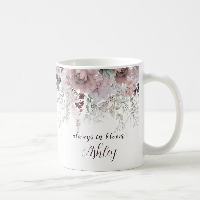 Taza De Café Elegante Dusty Pink Floral First Name (Derecha)