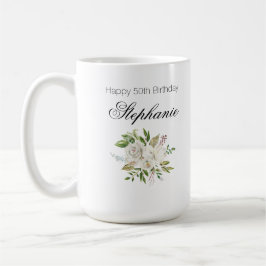 Taza De Café Elegante escritura floral blanca 50 cumpleaños