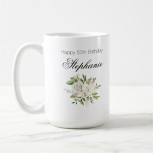 Taza De Café Elegante escritura floral blanca 50 cumpleaños