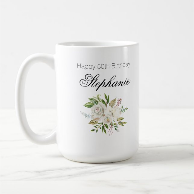 Taza De Café Elegante escritura floral blanca 50 cumpleaños (Izquierda)