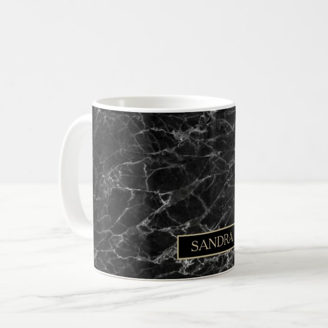 Taza De Café Elegante estampado de mármol negro con nombre (Anverso izquierdo)