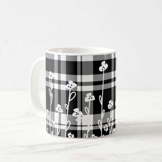 Taza De Café Elegante estampado de yeso blanco negro floral (Anverso izquierdo)