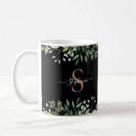 Taza De Café Elegante Eucalipto Botánico Dorado Monograma Scrip