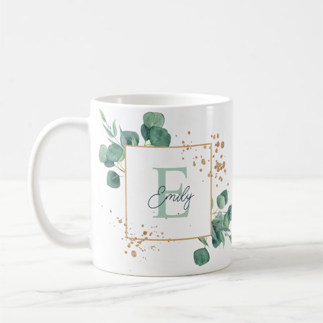 Taza De Café Elegante eucalipto verde y monograma de Relieve me (Izquierda)
