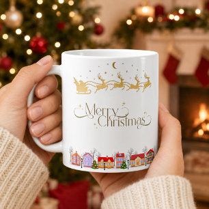 Taza De Café Elegante Feliz Navidad Trineo de Santa y Pueblo