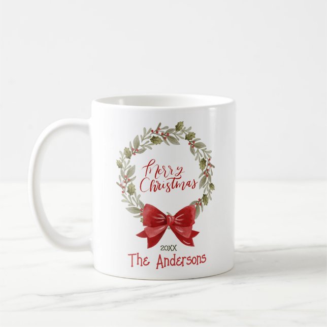 Taza De Café Elegante Festividad Feliz Navidad Wreath Red Bow (Izquierda)