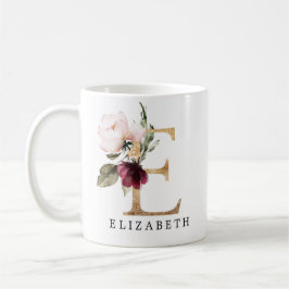 Taza De Café Elegante Flor de Carta E de Oro y Rubor de Borgoña
