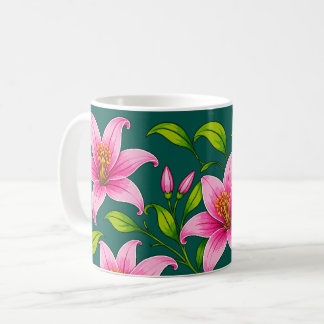 Taza De Café Elegante Flor de Lirio Rosa con Follaje Verde