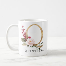 Taza De Café Elegante Flor de Rosa Desvanecida Carta Q de Oro