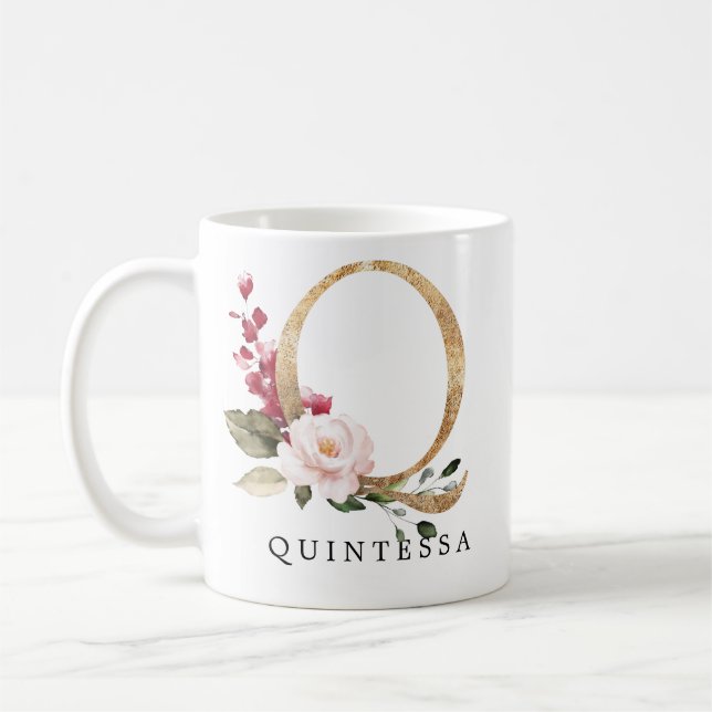 Taza De Café Elegante flor de rosa rubor dorado letra Q (Izquierda)