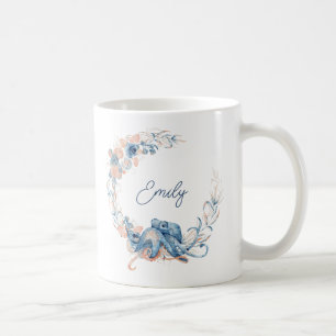 Taza De Café Elegante Floral Acuarela Azul