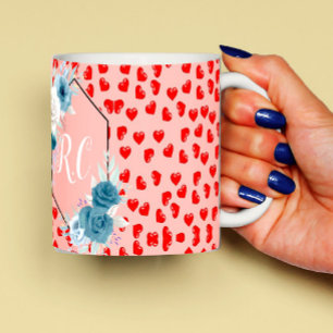 Taza De Café Elegante Floral Azul Polvoriento y Corazones Rojos