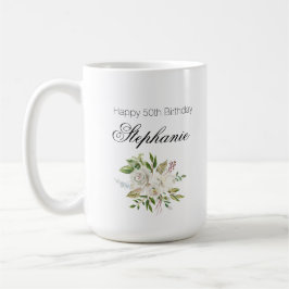 Taza De Café Elegante Floral Blanca de cumpleaños número 50