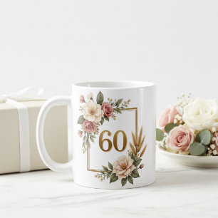 Taza De Café Elegante Floral Cumpleaños 60 Personalizado Nombre