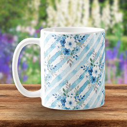 Taza De Café Elegante Floral de Acuarela a Rayas Azules Cottage