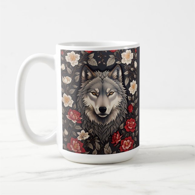 Taza De Café Elegante Floral de Lobo Gris (Izquierda)