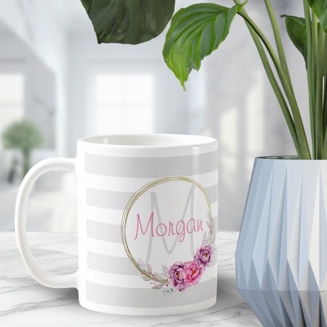 Taza De Café Elegante Floral Gold Border Stripes Monograma (Elegant Floral Gold Border Stripes Monogram Coffee Mug)