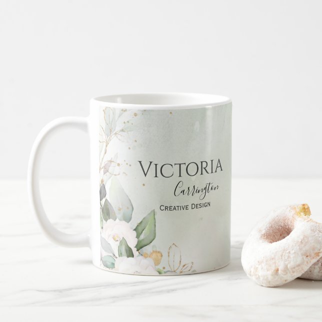 Taza De Café Elegante Floral Gold Green Business (Con donut)