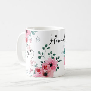 Taza De Café Elegante floral rosa 50 cumpleaños personalizado