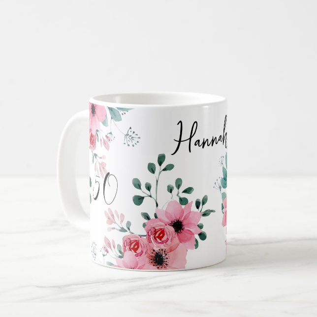 Taza De Café Elegante floral rosa 50 cumpleaños personalizado (Anverso izquierdo)