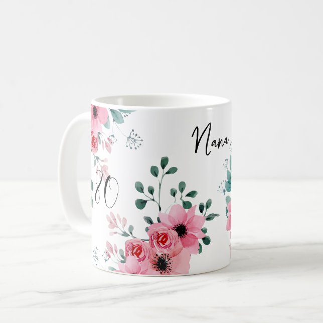 Taza De Café Elegante Floral Rosa 80 cumpleaños Nana (Anverso izquierdo)