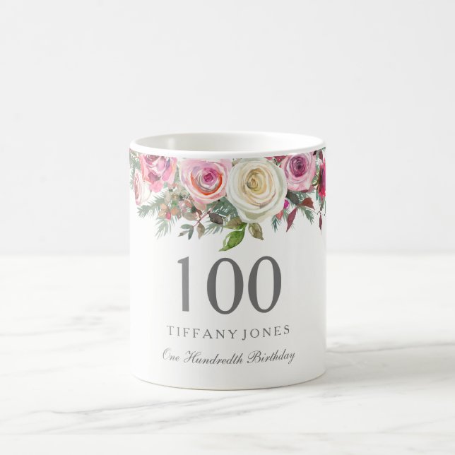 Taza De Café Elegante Floral rosa blanca rosa 100 cumpleaños (Centro)