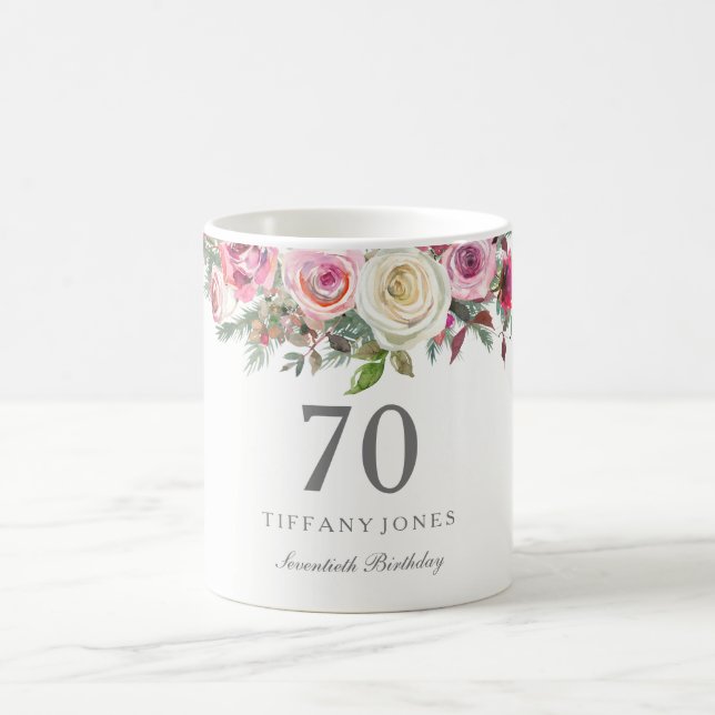 Taza De Café Elegante Floral rosa blanca rosa 70 cumpleaños (Centro)