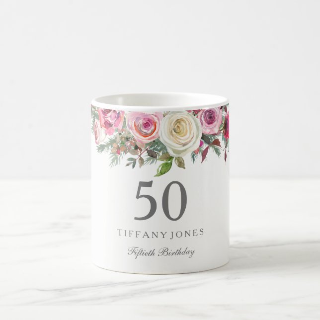 Taza De Café Elegante Floral rosa blanca rosa 70 cumpleaños (Centro)