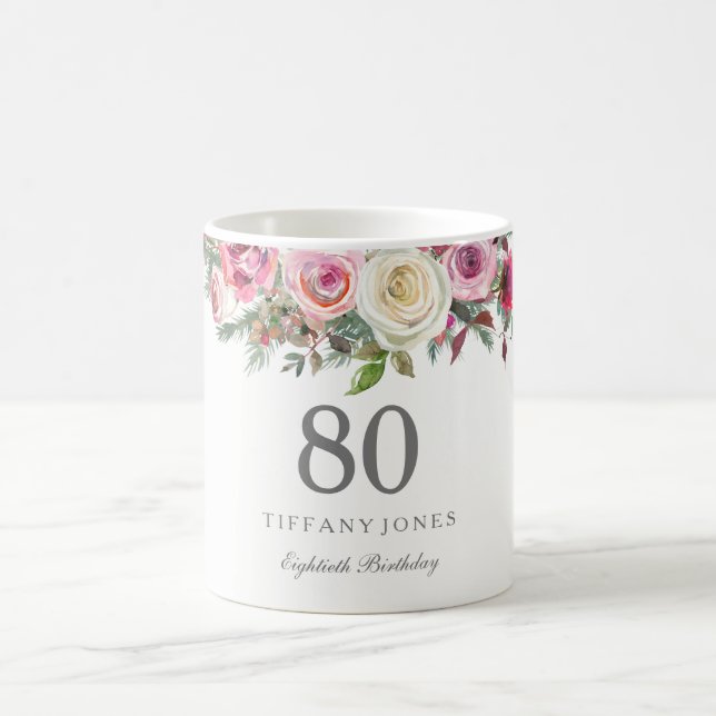 Taza De Café Elegante Floral rosa blanca rosa 80 cumpleaños (Centro)