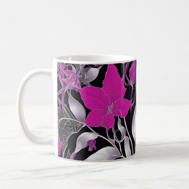 Taza De Café Elegante floral rosa con hojas plateadas (Izquierda)