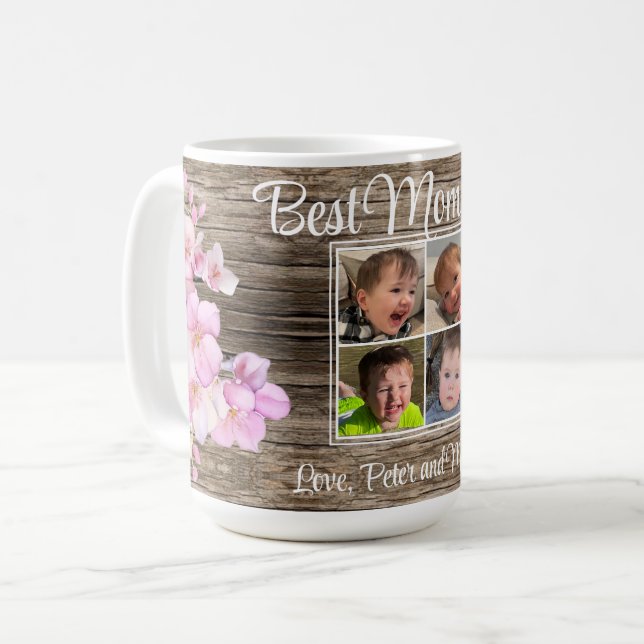 Taza De Café Elegante floral rosa personalizada cuatro fotos (Anverso izquierdo)