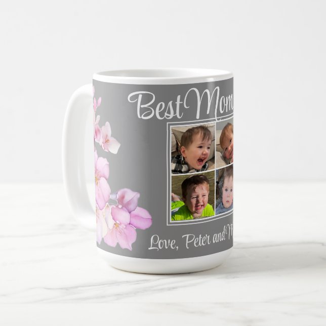 Taza De Café Elegante floral rosa personalizada cuatro fotos (Anverso izquierdo)