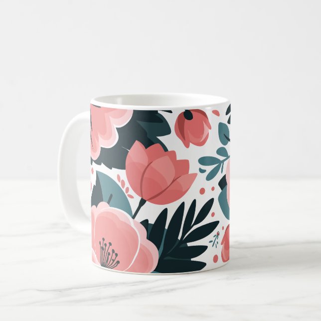 Taza De Café Elegante floral rosa y hojas verdes profundas (Anverso izquierdo)