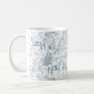 Taza De Café Elegante Floral Toile Ecuestre Azul