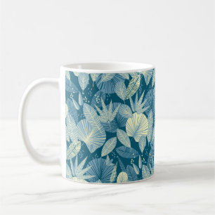 Taza De Café Elegante foliación tropical gris y azul sin soldad