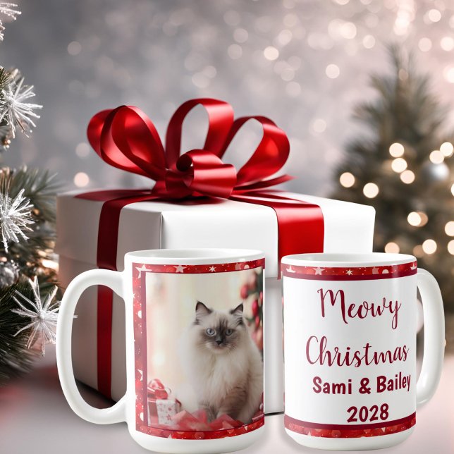 Taza De Café Elegante foto de festividad de las estrellas rojas (Red & White Stars Christmas Photo Coffee Mug)