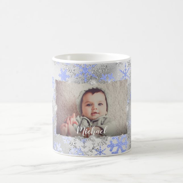 Taza De Café Elegante foto personalizado de copos de nieve azul (Centro)