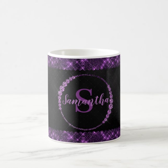 Taza De Café Elegante Girly Elegante Monograma Púrpura Negro (Centro)