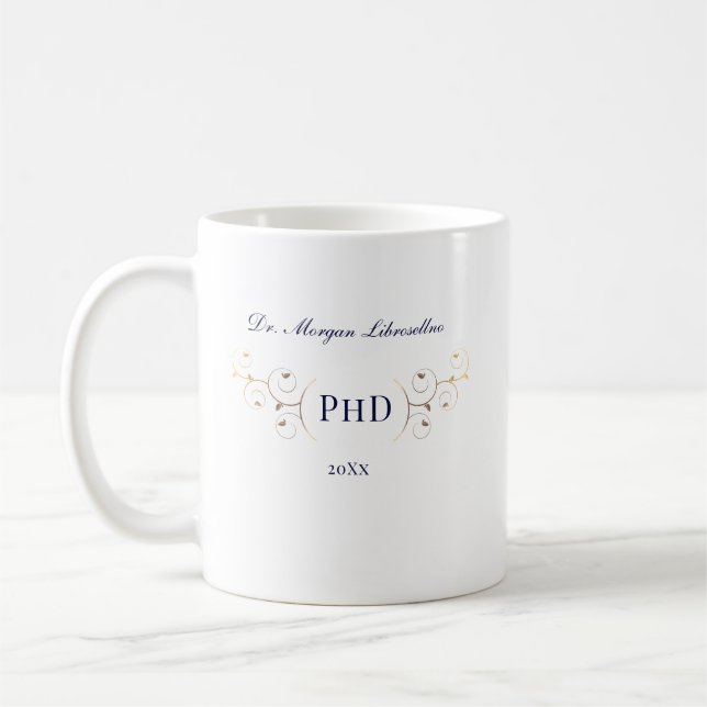 Taza De Café Elegante graduación de oro azul PhD (Izquierda)
