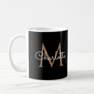 Taza De Café Elegante guión femenino monograma negro oro