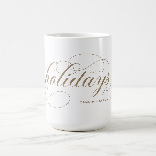 Taza De Café Elegante guión floreciente Felices Fiestas de Oro (Centro)