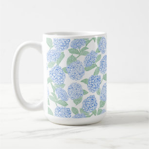 Taza De Café Elegante Hydrangea Azul Verde Preppy